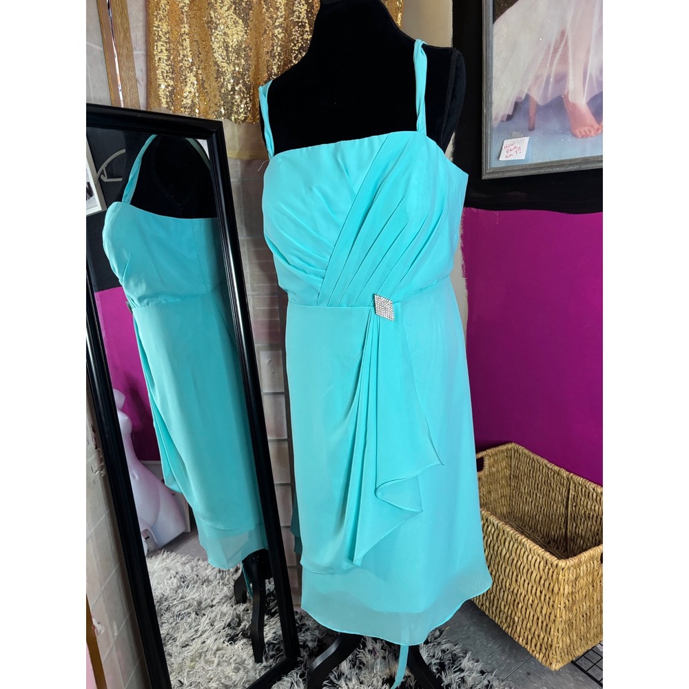 Aqua Blue Pleated Rhinestone Brooch Corset Back Formal Cocktail Dress Size 10